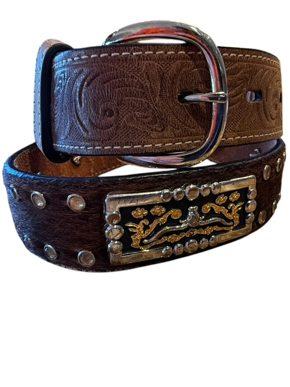 3D Youth Size 26 Western Tooled Leather Belt with Decorative Trim - Brown